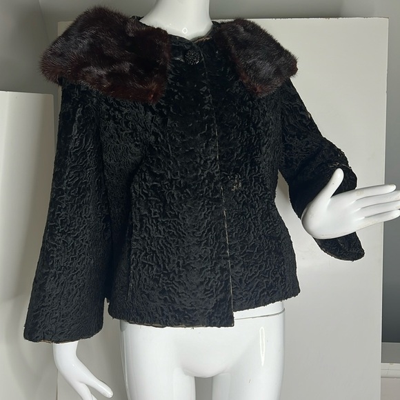 Vintage Sz 6-8 Black Persian Lamb Mink Collar Jacket - Picture 1 of 13
